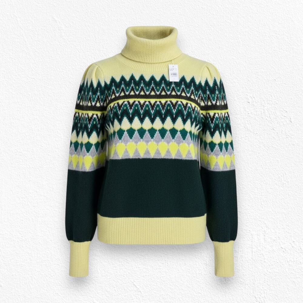 Loft Yellow Green Ski Lodge Cozy Long Sleeve Turtleneck Sweater Size Small